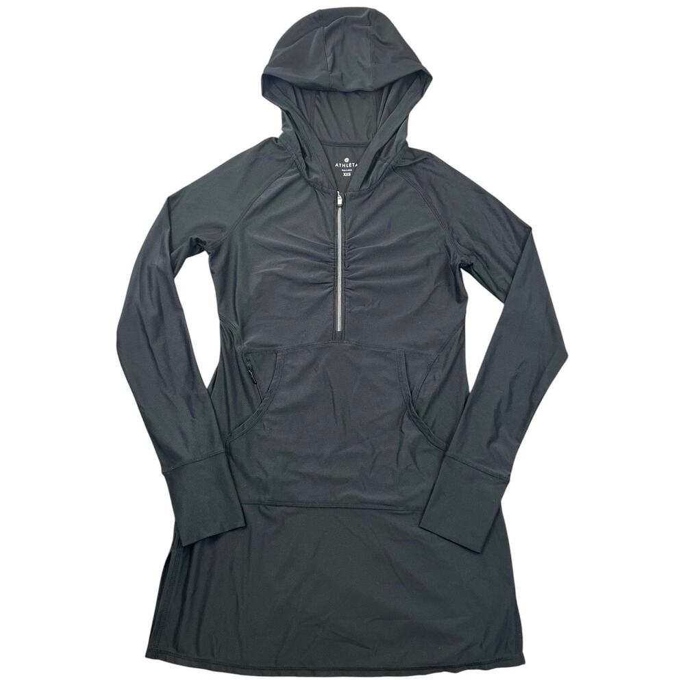 Athleta Black Hooded Activewear Dress Tunic XXS Half Zip Thumbholes 2017
